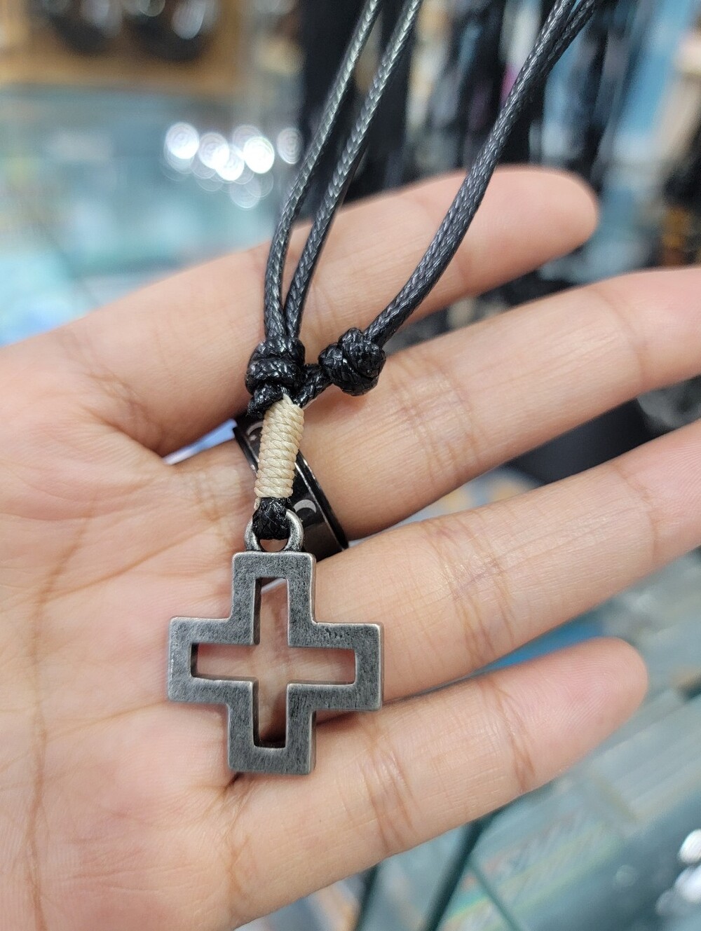 Men's Black Cord Necklace with Silver Cross Pendant